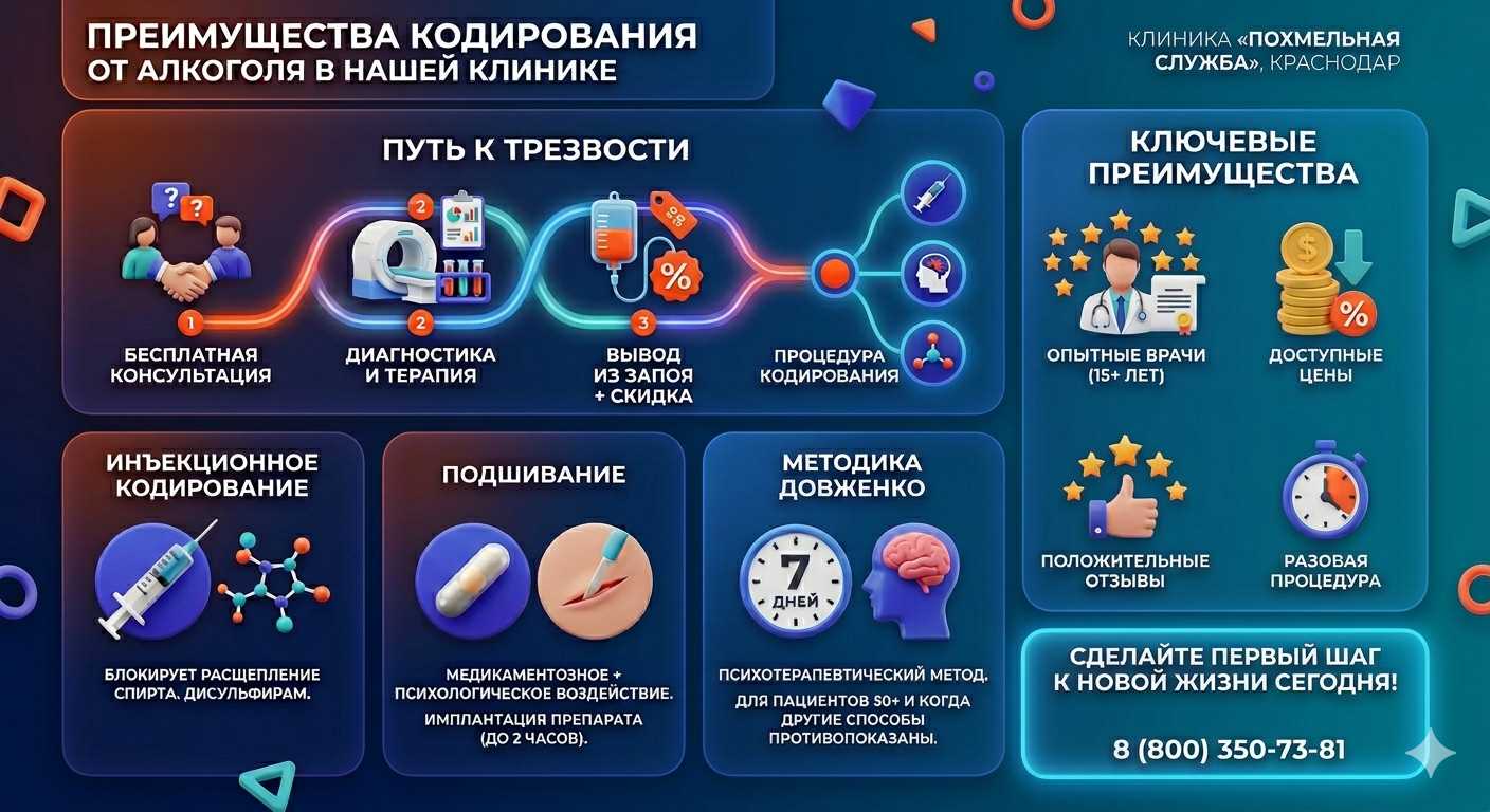 Инфографика о методах кодирования от алкоголя в Кувшиново: инъекции, подшивание, метод Довженко. Преимущества клиники и этапы лечения.